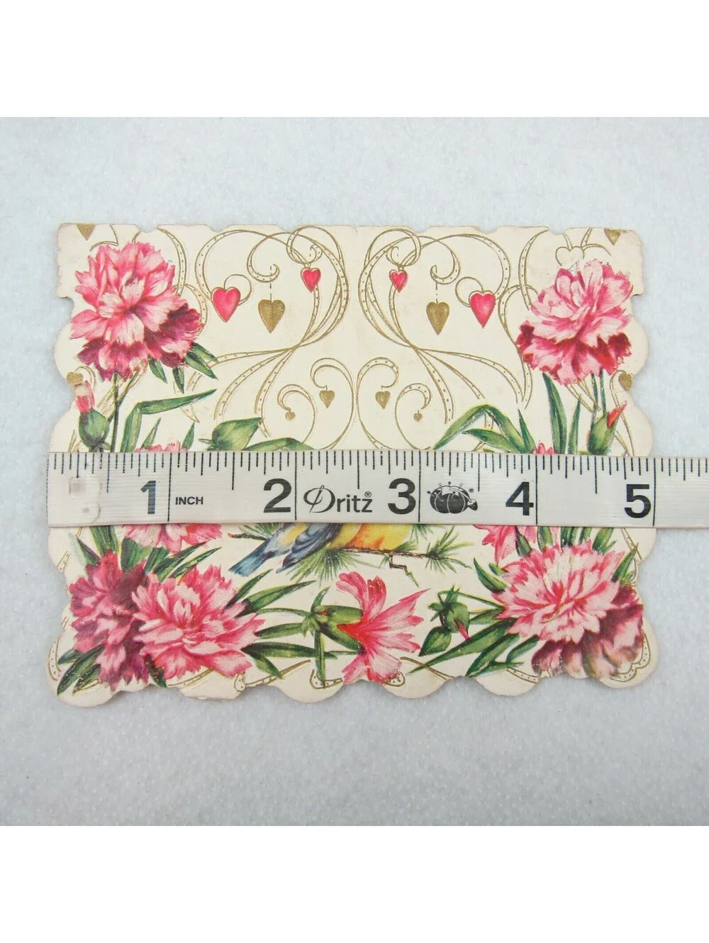 Vintage Valentine Card Pink Carnation Flowers & Blue Birds Gold Scroll Hearts